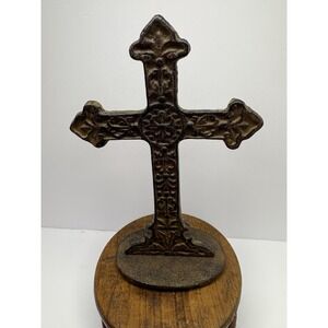 7" Cast Metal Cross Tabletop Decor Bronze Tone Ornate Religious